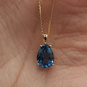 14Kt Gold London Blue Topaz Teardrop Necklace, 1.5 Ct Topaz Pendant, November Birthstone Necklace