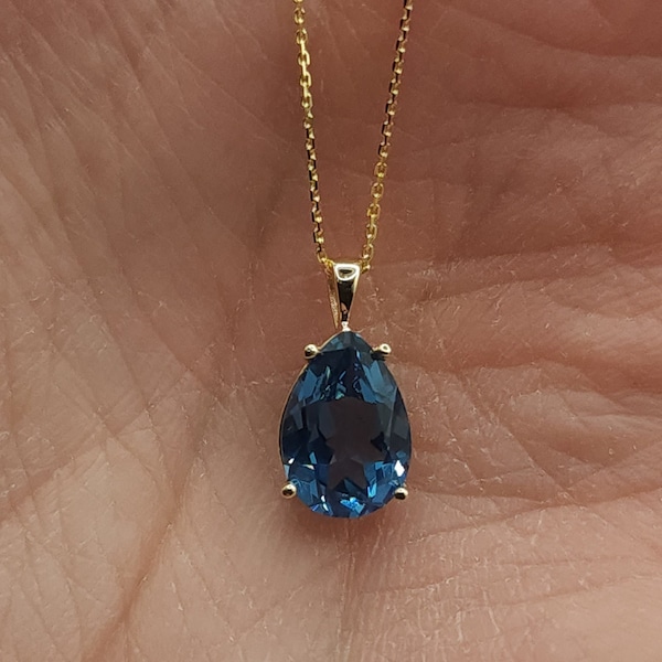 14Kt Gold London Blue Topaz Teardrop Necklace, 1.5 Ct Topaz Pendant, November Birthstone Necklace