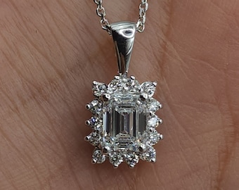 1.19 Ct Diamond Necklace, 14K Gold Diamond Emerald Cut Solitaire Pendant, Lab Grown Diamond Halo Pendant