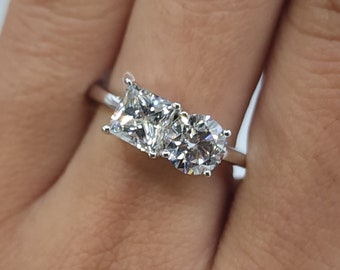 1.90 Ct Diamond Ring, 14K Gold 2 Stone Princess Cut & Round Diamond Ring, Lab Grown Diamond Ring