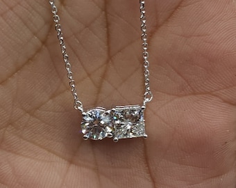 1.70 Ct Diamond Necklace, 14K Gold Lab Grown Diamond Solitaire Pendant, 2 Stone Princess Cut & Round Diamond Necklace