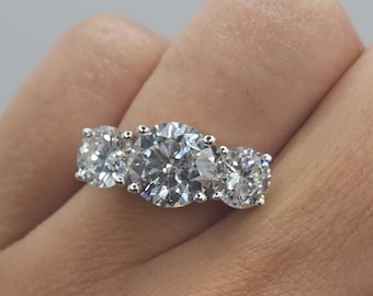 3.40 Ct Diamond Ring, 14K Gold 3 Stone Diamond Ring, Lab Grown Diamond Ring