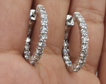 1.76 Ct Diamond Hoop Earrings, 14Kt Solid Gold Huggie Earrings, Lab Grown Diamond Hoop Earrings, Inside & Outside Diamonds