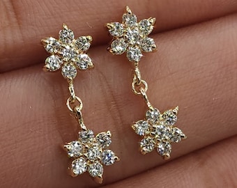 14Kt Gold Diamond Earrings, 0.56 Ct Cluster Diamond Earrings, Star Flower Diamond Earrings, Genuine Natural Diamond Dangle Stud Earrings