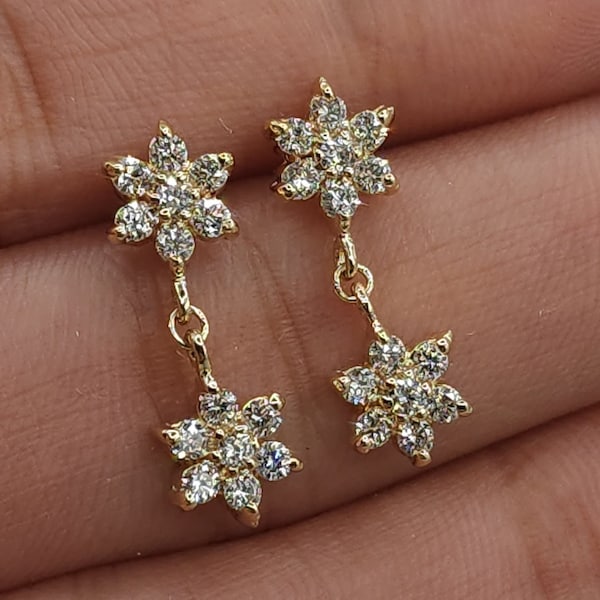 14Kt Gold Diamond Earrings, 0.56 Ct Cluster Diamond Earrings, Star Flower Diamond Earrings, Genuine Natural Diamond Dangle Stud Earrings