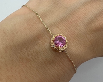 14Kt Gold Pink Sapphire Bracelet, Sapphire Diamond Bracelet, Sapphire Dainty Bracelet, September Birthstone Bracelet