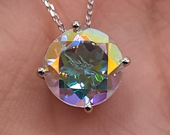 14Kt Gold Natural Mercury Mist Mystic Topaz Round Pendant Necklace Dainty Gift For Her Jewelry