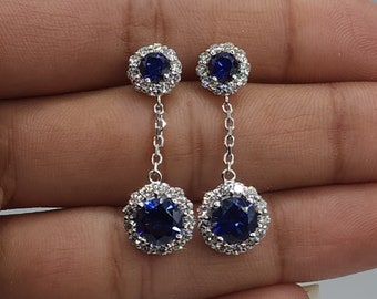 1.68 Ct Diamond Earrings, 14Kt Gold Lab Grown Diamond Earrings, Blue Sapphire Diamond Halo Dangle Stud Earrings