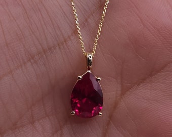 14Kt Gold Ruby Teardrop Necklace, 1.5 Ct Ruby Pendant, July Birthstone Necklace, Ruby Gold Necklace