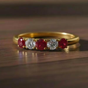May include: A gold band ring featuring alternating red and clear gemstones. The ring has five stones, with the red gemstones on the ends and in the middle. The ring is set on a wooden surface.