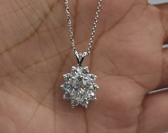 1.78 Ct Diamond Necklace, 14K Gold Oval Diamond Solitaire Pendant, Lab Grown Diamond Halo Pendant