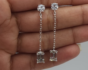 3 Ct Diamond Earrings, 14Kt Gold Lab Grown Diamond Earrings, 2 Stone Diamond Earrings, Emerald Cut & Round Diamond Dangle Studs