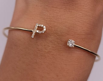 14Kt Gold Initial Diamond Bangle, Letter Bracelet, Initial Bracelet, Natural Diamond Bracelet, Open Cuff, Flexible Bangle