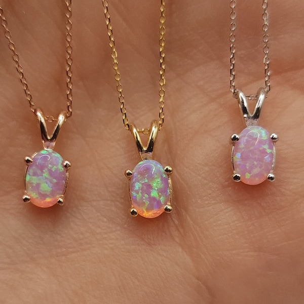 14Kt Gold Pink Opal Necklace, Opal Pendant, Oval Necklace, October Birthstone Necklace