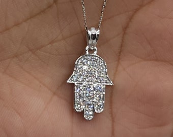 0.48 Ct Diamond Hamsa Necklace, 14K Gold Lab Grown Diamond Pendant, Unisex