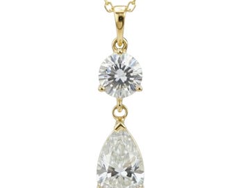 3 Ct Diamond Necklace, 14K Gold Lab Grown Diamond Solitaire Pendant, 2 Stone Diamond Teardrop & Round Necklace