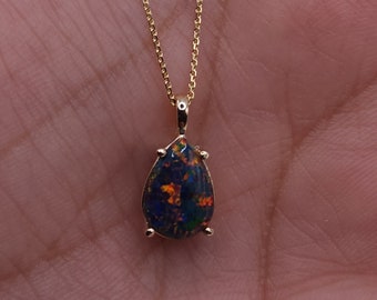 14Kt Gold Black Opal Teardrop Necklace, Opal Pendant, October Birthstone Necklace