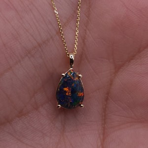 14Kt Gold Black Opal Teardrop Necklace, Opal Pendant, October Birthstone Necklace