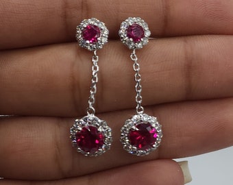 1.68 Ct Diamond Earrings, 14Kt Gold Lab Grown Diamond Earrings, Ruby Diamond Halo Dangle Stud Earrings