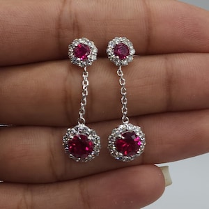 1.68 Ct Diamond Earrings, 14Kt Gold Lab Grown Diamond Earrings, Ruby Diamond Halo Dangle Stud Earrings image 1