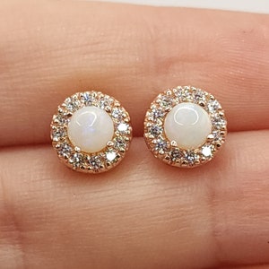 14Kt Gold Opal Earrings, Natural Opal Earrings, Opal Studs, Opal Halo Earrings, October Birthstone Earrings