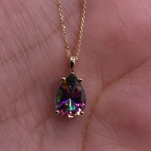 14Kt Gold Mystic Topaz Teardrop Necklace, 1.5 Ct Natural Mystic Topaz Pendant, November Birthstone Necklace, Last Minute Gifts