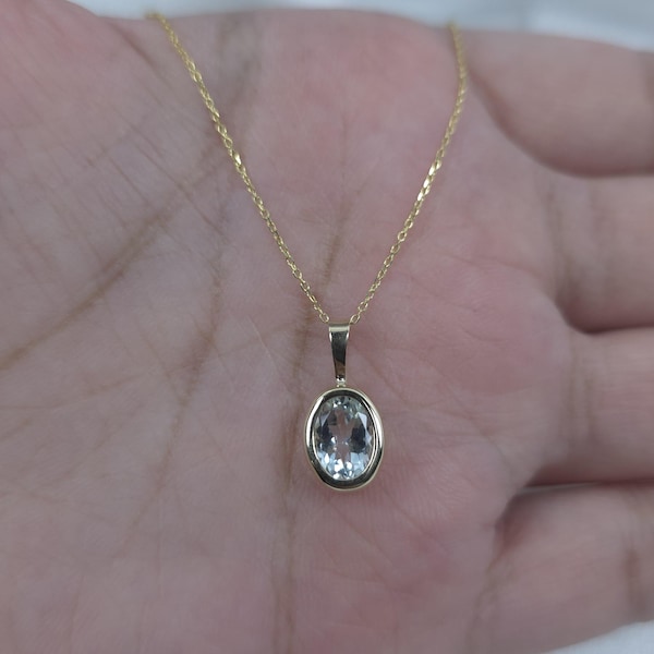 14Kt Gold Natural Aquamarine Necklace, Aquamarine Pendant, Bezel Necklace, Oval Necklace, March Birthstone Necklace, Last Minute Gifts