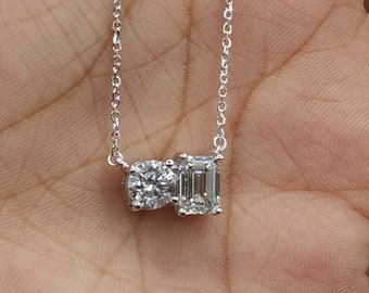 1.72 Ct Diamond Necklace, 14K Gold Lab Grown Diamond Solitaire Pendant, 2 Stone Emerald Cut & Round Diamond Necklace