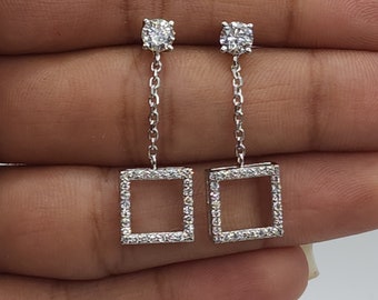 0.97 Ct Diamond Earrings, 14Kt Gold Lab Grown Diamond Earrings, Open Square Diamond Dangle Stud Earrings