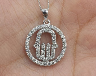 1.10 Ct Diamond Hamsa Diamond Pendant, 14Kt Gold Hamsa Pendant, Lab Grown Diamond Necklace