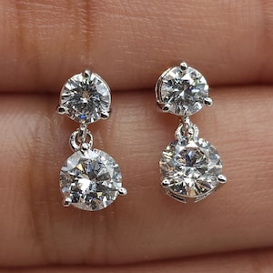 1.50 Ct Diamond Earrings, 14Kt Gold Lab Grown Diamond Earrings, 2 Stone Diamond Earrings, 3 Prong Diamond Dangle Studs