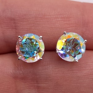 14Kt Gold Natural Mercury Mist Mystic Topaz Round Stud Earrings