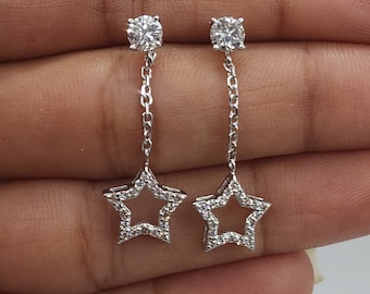 0.90 Ct Diamond Earrings, 14Kt Gold Lab Grown Diamond Earrings, Open Star Diamond Dangle Stud Earrings