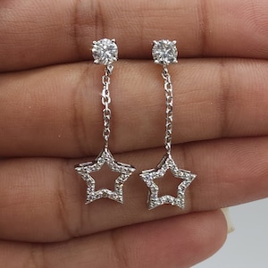 0.90 Ct Diamond Earrings, 14Kt Gold Lab Grown Diamond Earrings, Open Star Diamond Dangle Stud Earrings image 1