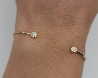 14K Gold Diamond Bangle, Genuine Natural Diamond Bracelet, Cluster Diamond Bracelet, Open Cuff Bangle