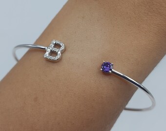 14K Gold Initial Diamond Letter Bangle, Natural Diamond Bracelet, Open Cuff Flexible Bangle, Amethyst Bracelet, February Birthstone