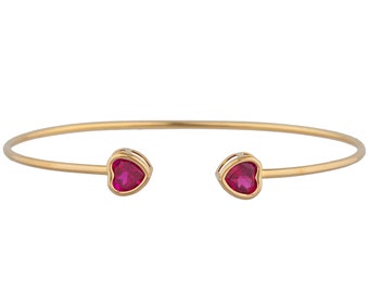 14Kt Gold Ruby Bracelet, Ruby Bangle, Heart Bracelet, Open Cuff Bracelet, Ruby Bezel Bracelet, Flexible Bangle, July Birthstone Bracelet