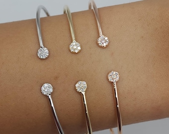 14K Gold Diamond Bangle, Genuine Natural Diamond Bracelet, Cluster Diamond Bracelet, Open Cuff Bangle