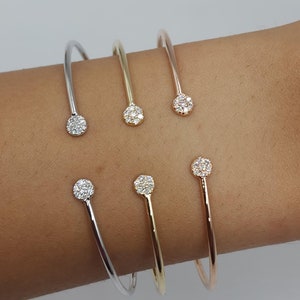 14K Gold Diamond Bangle, Genuine Natural Diamond Bracelet, Cluster Diamond Bracelet, Open Cuff Bangle