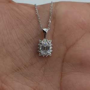 1.19 Ct Diamond Necklace, 14K Gold Diamond Emerald Cut Solitaire Pendant, Lab Grown Diamond Halo Pendant