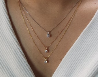 Collier avec diamants naturels véritables, pendentif solitaire diamant en or 14 carats, collier diamant délicat, or massif 14 carats