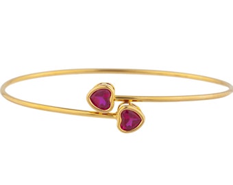 14Kt Gold Ruby Bracelet, Ruby Bangle, Ruby Heart Bracelet, Ruby Bezel Bracelet, Flexible Bangle, July Birthstone Bracelet