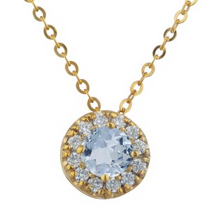 14Kt Gold Natural Aquamarine Necklace, Aquamarine Halo Necklace, Aquamarine Pendant, March Birthstone Necklace