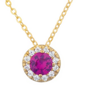14Kt Gold Ruby Necklace, Ruby Pendant, Halo Necklace, July Birthstone Necklace