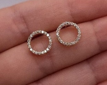 Pendientes de diamantes de oro de 14 kt, pendientes de diamantes de círculo abierto, pendientes de forma redonda, pendientes de diamantes de diamante, pendientes de diamantes naturales reales