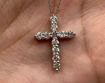 14K Gold 1 Ct Diamond Cross Necklace, Natural Diamond Pendant, Real Diamond Necklace, Unisex