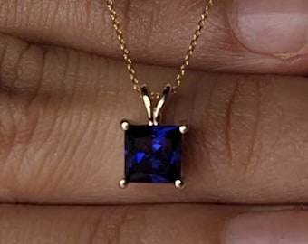 14Kt Gold Blue Sapphire Necklace, Sapphire Pendant, Princess Necklace, Square Necklace, September Birthstone Necklace