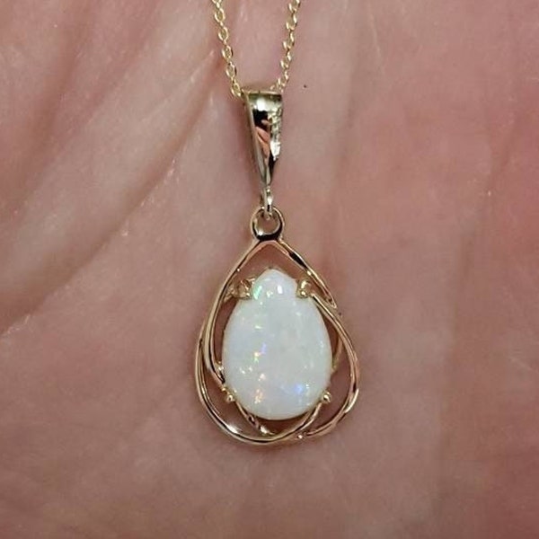 14K Gold Opal Necklace, Natural Opal Pendant, Teardrop Necklace, October Birthstone Necklace