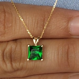 14Kt Gold Emerald Necklace, Emerald Pendant, Princess Necklace, Square Necklace, May Birthstone Necklace