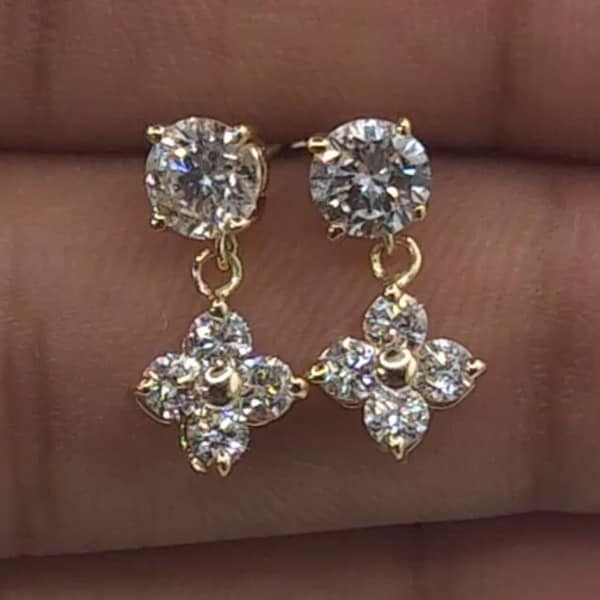 0.96 Ct Diamond Earrings, 14Kt Gold Clover Diamond Earrings, Lab Grown Diamond Dangle Earrings, Diamond Studs, 4 Stone Earrings